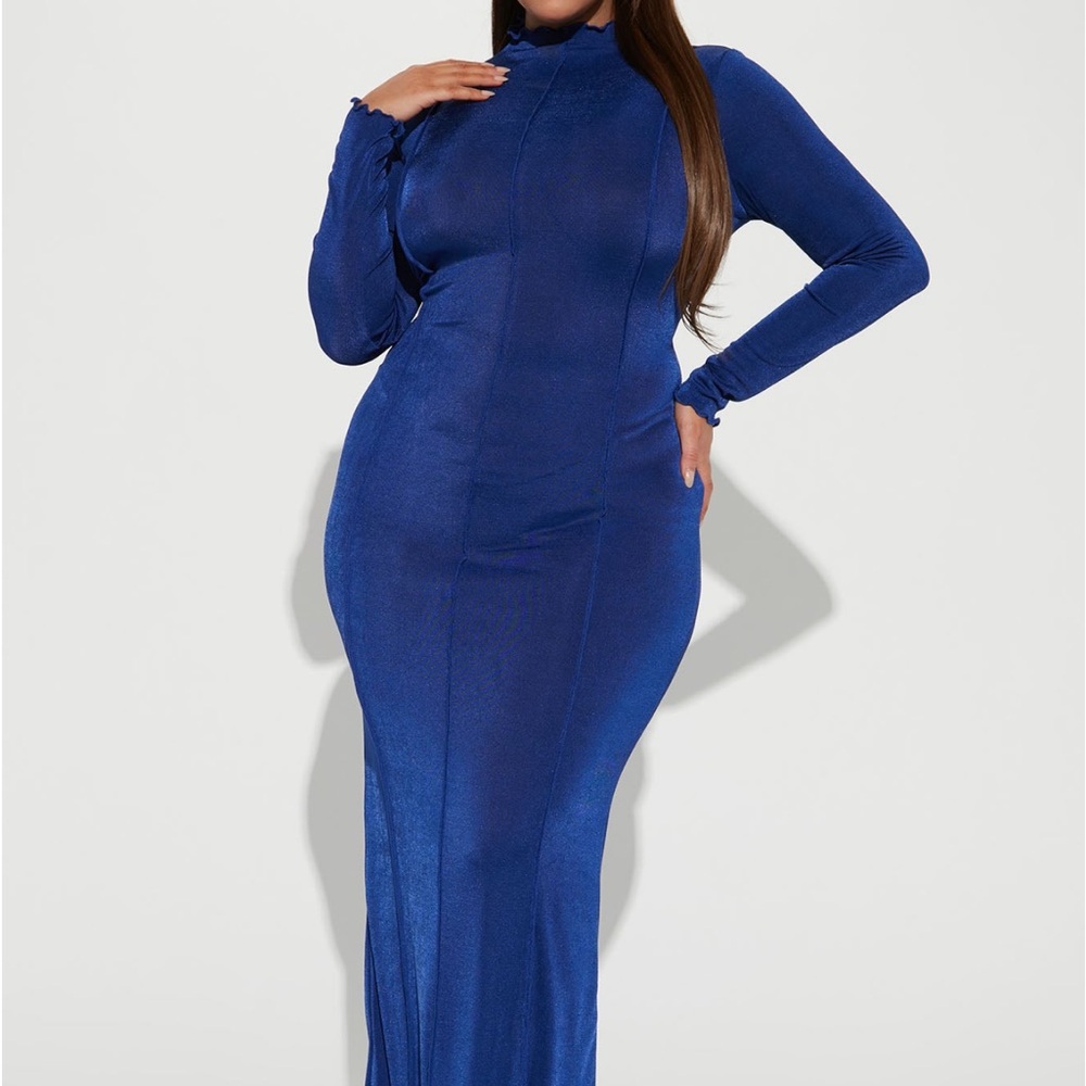 Elegant Blue Long Sleeve Maxi Dress Stretchy Material